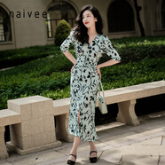 納薇（naivee）商場(chǎng)同款收腰茶歇裙經(jīng)典V領(lǐng)法式印花碎花連衣裙女 青藍 S