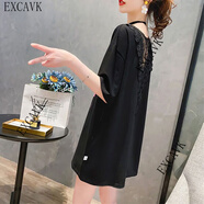 EXCAVK長(cháng)款t恤女遮臀后背鏤空蕾絲拼接白色T恤女夏裝韓版寬松半袖上衣服 黑色 L[建議110-130斤]