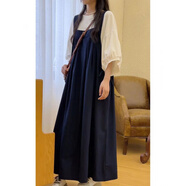 山頭林村蘭威費雷日系復(fù)古背帶裙女韓版寬松顯瘦夏季新款遮肉連衣 藏青色版 S建議80-95斤 均碼