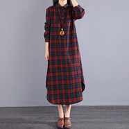 MODX香港潮牌日韓原單出口折扣女寬松亞麻襯衫長(cháng)裙格子長(cháng)袖棉麻連衣裙 紅格(即將) M 【建議90-110斤】