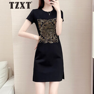 TZXT潮牌輕奢運(yùn)動(dòng)休閑短袖連衣裙女短款夏新款燙鉆氣質(zhì)收腰圓領(lǐng)t恤裙 黑色 2XL 建議140-160斤