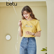 betu百圖女裝春裝新款寬松韓版卡通印花短袖T恤ins潮JD2102T08 黃色 S