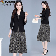 啄木鳥(niǎo)西裝連衣裙套裝女2025年春秋新款時(shí)尚名媛高端碎花吊帶套裝裙 黑色二裝 L 【建議105-115斤】