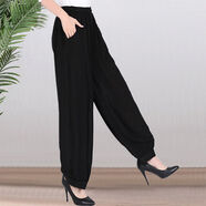蘭威費雷女褲夏秋闊腿褲棉綢花褲休閑長(cháng)褲燈籠褲高腰蘿卜褲 黑色 4XL 150-170斤
