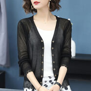 索宛亦（SUOWANYI）夏季冰絲空調(diào)針織衫開(kāi)衫女薄款短款外搭鏤空 黑色 XL 【建議115-130斤】