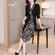 YXHK連衣裙女春秋品牌女裝時尚印花2022新款V領長袖收腰A字裙黑色裙子 黑色 M 建議 100-110斤