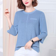 愷吉銳新款夏裝氣質(zhì)女冰絲七分袖上衣寬松大媽中年中年針織T恤 藍色 L