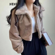 NENW潮流韓國(guó)chic秋冬法式減齡拉鏈翻領(lǐng)保暖毛絨絨外套女短款開(kāi)衫 卡其 均碼