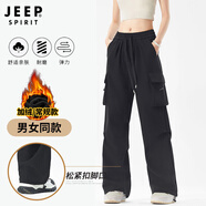 JEEP SPIRIT運動(dòng)褲男女秋冬季彈力寬松大碼休閑褲戶(hù)外防水加絨沖鋒工裝長(cháng)褲子 黑色【加絨款】 4XL
