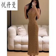 悅丹曼到腳踝的裙子感重工閃鉆吊帶連衣裙女御姐名媛風(fēng)輕奢宴會(huì )晚禮服長(cháng) 裸色連衣裙 (請勿機洗，會(huì )掉鉆) S