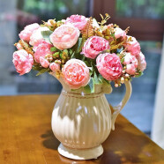墨菲 北欧田园花艺套装陶瓷花瓶美式乡村创意客厅现代简约装饰品摆件 经典白 粉色牡丹套装