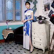 應(yīng)否旗袍裙2024新款女夏季長款短袖中國風(fēng)禮服高檔日常改良旗袍連衣裙 青花瓷0049 M