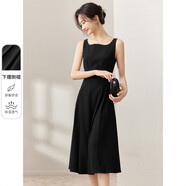 尚都比拉秋季方領(lǐng)吊帶連衣裙中長(cháng)款氣質(zhì)赫本風(fēng)小黑裙 黑色 M 
