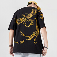 天龍致尊（Denon supreme）短袖t恤男女潮牌鳳凰刺繡oversize寬松大碼國潮半袖情侶T恤衫 5377黑色（寬松版） M碼（建議100-140斤）
