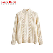 LOVER RUCCI100%純棉半高領(lǐng)毛衣女粗針秋冬復(fù)古麻花全棉線加厚內(nèi)搭針織打底衫 米杏色 S碼【90-110斤】