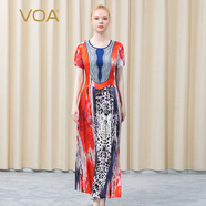 VOA絲綢彈力緞圓領(lǐng)短袖撞料拼接立體裝飾印花褶皺桑蠶絲連衣裙 AE803 紅條緞(H68) M
