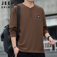 JEEP SPIRIT吉普長袖T恤男春秋季純色四粒扣打底衫上衣服男裝 棕色 4XL 