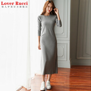 LOVER RUCCI法國長款T恤女秋冬超長款純棉長袖過膝T恤裙顯瘦純色連衣裙 灰色 微厚 M 105-110斤