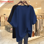 LOVER RUCCI2025新款夏季純棉短袖T恤女寬松大碼半袖上衣中長款百搭減齡體恤 藏青【純色】 XL 建議170-200斤