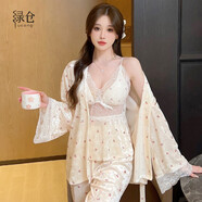 綠倉金絲絨睡衣女三件套秋冬季長袖V領(lǐng)性感純欲吊帶胸墊春秋款家居服 奶白色 蕾絲邊系帶款 M