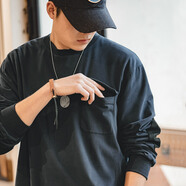 馬登工裝 復古麂皮絨拼接貼布純棉長(cháng)袖T恤寬松落肩圓領(lǐng)衛衣男 深海藍 2XL