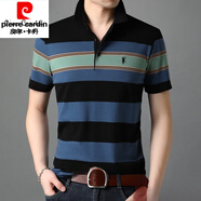 皮爾卡丹（pierre cardin）特男裝夏季中年短袖體恤衫翻領(lǐng)純棉男t恤休閑條紋爸爸裝上衣針織 綠色 L 175/92A