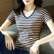尚濤短袖t恤女V領條紋修身體恤女裝顯瘦2025夏季新款打底T恤女 藍杏條紋 4XL 建議135-150斤