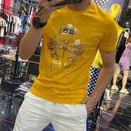 NPZ 港風(fēng)潮牌夏季男士薄款時(shí)尚蜻蜓燙鉆印花大碼修身圓領(lǐng)短袖t恤男 黃色 XL 130-145斤