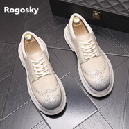 Rogosky 香港潮牌2022春款男鞋子厚底內增高休閑皮鞋雕花個(gè)性四季百搭復古青年系帶單鞋 米白標準版 38（皮鞋碼）