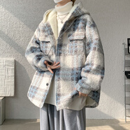 軒森圖（XUANSENTU）羊羔毛絨外套男士秋冬季加絨加厚毛呢棉服潮牌美式小香風(fēng)連帽棉衣 MH13藍色 L (175) （120斤至145斤可穿）