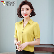 啄木鳥(niǎo)v領(lǐng)雪紡襯衫女短袖夏裝2023年新款洋氣小衫女士上衣氣質(zhì)職業(yè)襯衣 黃色 S 建議80-95斤