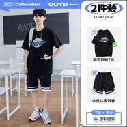 阿尼三青少年t恤男夏季2025新款潮流帥氣寬松短袖初中高中學生上衣夏裝 黑色+短褲 M