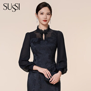 SUSSI/古色24冬季新品商場(chǎng)同款青衣中式復(fù)古質(zhì)感提花收腰上衣女 青衣黑 S
