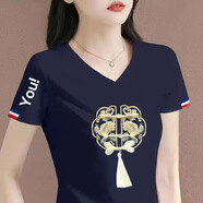 伊森尼尼v領(lǐng)短袖t恤女2025夏季女裝新款韓版寬松休閑體恤女上衣打底衫 V領(lǐng)寶藍色【國風(fēng)花邊】 XL 建議110-120斤