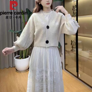 皮爾卡丹（pierre cardin）小香風(fēng)V領(lǐng)針織開(kāi)衫外套女秋冬款寬松顯瘦燈籠袖上衣加厚短款毛衣 米駝色 均碼 80-140斤可穿