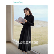 茵曼（INMAN）燈芯絨連衣裙春秋女裝新品長(zhǎng)袖休閑針織禮服中長(zhǎng)裙子 午夜黑-18348727 S