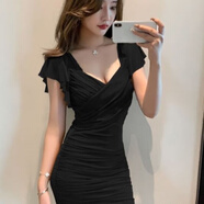 愷吉銳遮肚子顯瘦女夏低胸工作服夜總店性感連衣裙桑拿技師服 黑色 S