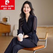 皮爾卡丹（pierre cardin）雪紡西裝套裝女2025新款春闊太太時(shí)尚洋氣職業(yè)褲子套裝夏女裝夏天 藏藍(lán)色 4XL 146-160斤左右