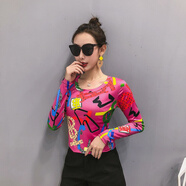 索宛亦（SUOWANYI）24款可選春秋裝新款歐洲站印花顯瘦長袖T恤女裝打底衫女上衣 玫紅 L