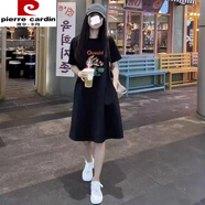皮爾卡丹（pierre cardin）純棉T恤裙女2024新款夏季中長款寬松大碼短袖長t裙時(shí)尚直筒連衣裙 黑色(Wald兔) S