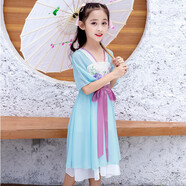 童嘜屋童裝女童連衣裙中大兒童公主裙子中長款短袖雪紡紗裙夏薄款2021復(fù)古中國風(fēng)小女孩刺繡表演服舞蹈裙 藍(lán)色 140碼（建議身高130CM）