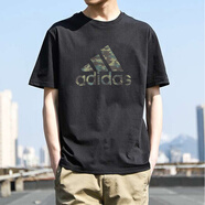 阿迪達斯 （adidas）黑色短袖男裝2024夏季休閑運動服純棉T恤寬松體恤衫棉質(zhì)圓領(lǐng)半袖 HS3215 黑色迷彩 100%棉 M