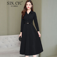 SIN.CYC 女裝polo領(lǐng)闊太太連衣裙長袖中長款春秋季韓版收腰簡約裙子 黑色 L 106-115
