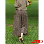 絲瀟韓版秋冬季松緊腰呢闊腿褲女寬松休閑褲格子毛呢九分褲寬腿褲 卡其色-褲裙 春秋/款 L 80-128斤