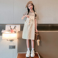 酷樂羊夏天兒童裙子女童連衣裙夏裝2025新款套裝夏款女大童背帶裙夏季潮 米色套裝 160