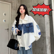 BOYXCO春秋季牛仔外套男女寬松情侶歐美街頭嘻哈冬加絨潮流學生工裝夾克 5737白色加絨 加絨 M