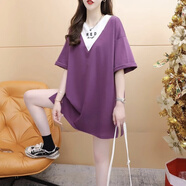 確不凡長(cháng)款上衣女遮臀加長(cháng)搭配鯊魚(yú)褲春款短袖恤中長(cháng)款純棉短袖歐貨大版 紫色  M 85-115斤