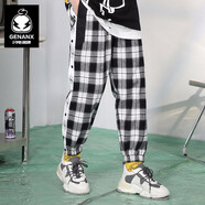 閃電潮牌（GENANX）格子褲男寬松側邊可開(kāi)扣子松緊腰休閑褲男 黑白格 2XL