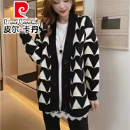 皮爾卡丹（pierre cardin）針織開(kāi)衫外套女新款秋冬撞色V領(lǐng)毛衣女韓版寬松上衣加厚潮 加厚 黑白色開(kāi)衫 雙層升級版 M 建議體重96-110斤