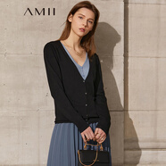 AMII冰麻紗拼色開(kāi)衫毛衣女新款V領(lǐng)上衣假兩件針織衫外套 黑色 155/80A/S